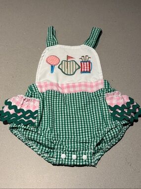 Green Gingham Baby Romper with Pink Trim and Golf Applique